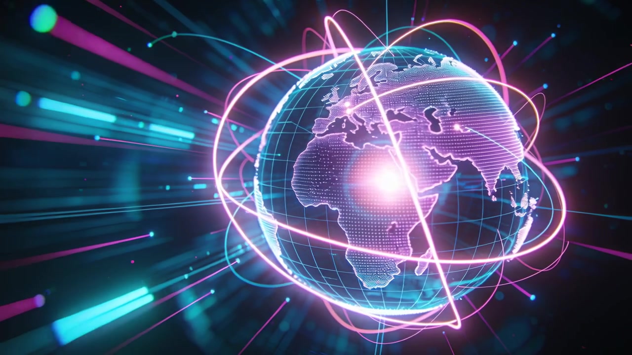 Animating hologram globe rotating in cyberspace, magenta core pulsing, rings orbiting, showing data