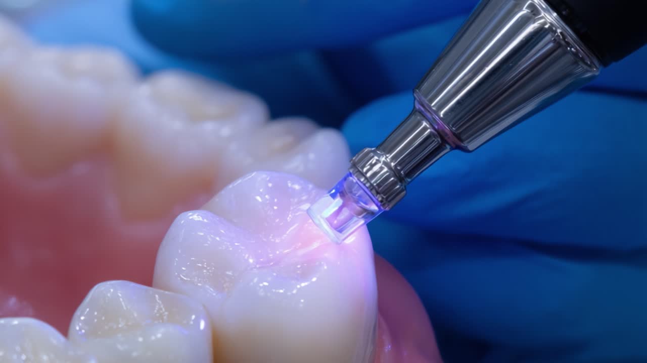 Dental Procedure Detailing the Application of a Modern Curing Light on Composite Material in a Simulation of a Real Patient's Mouth