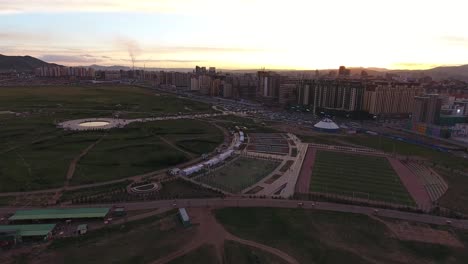 aerial drone shot during sunset of national park mongolia ulanbator