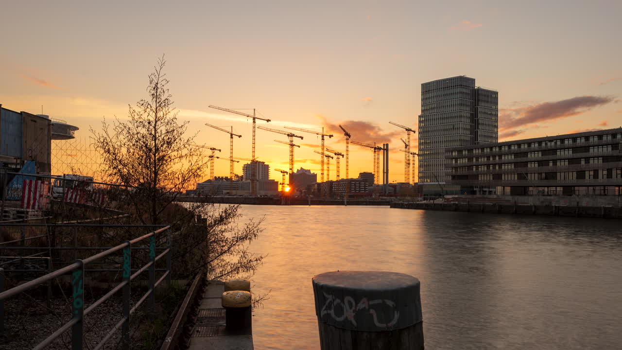 Sunset over Construction Site in Hamburg Hafencity