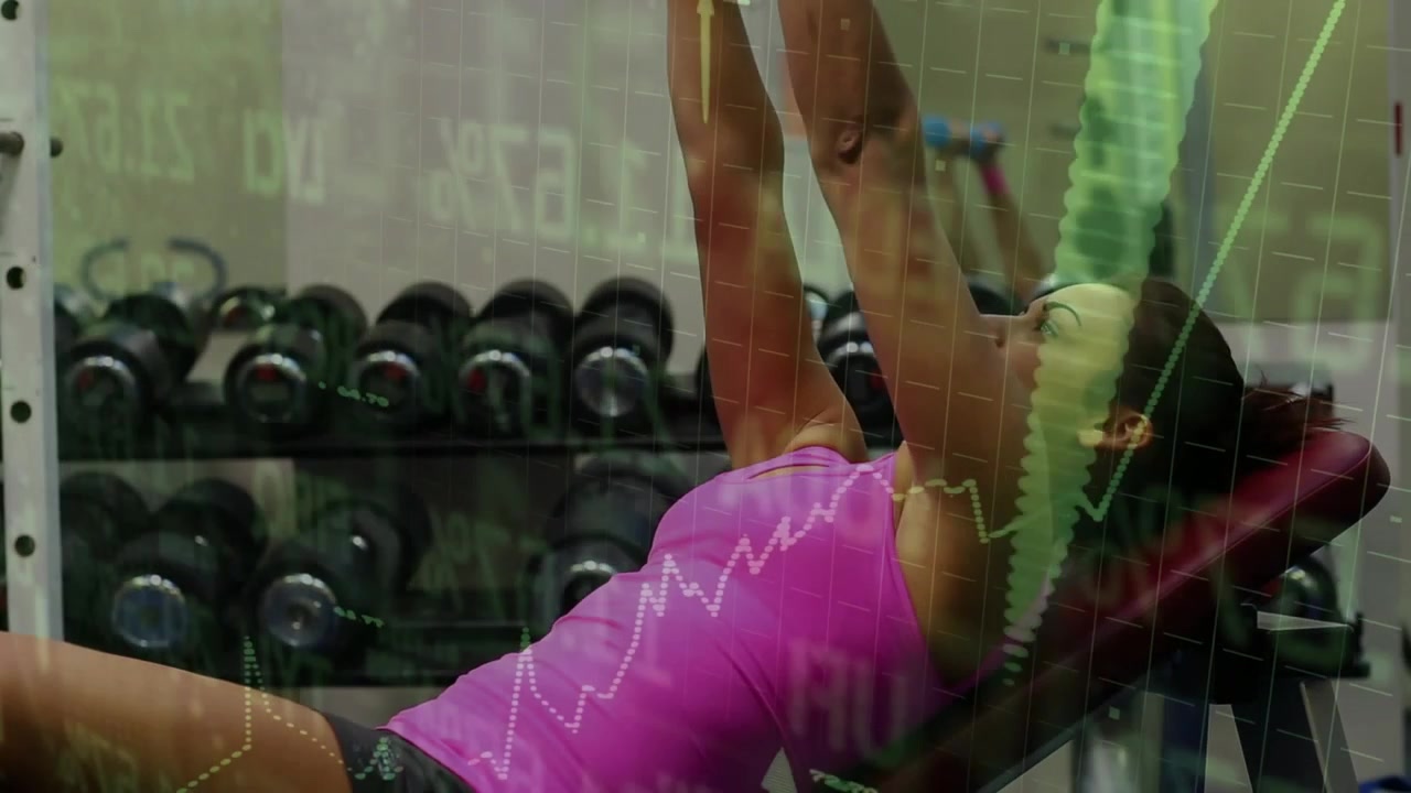 Woman doing incline dumbbell press from chest, pushing weights up accenting finance chart for gains