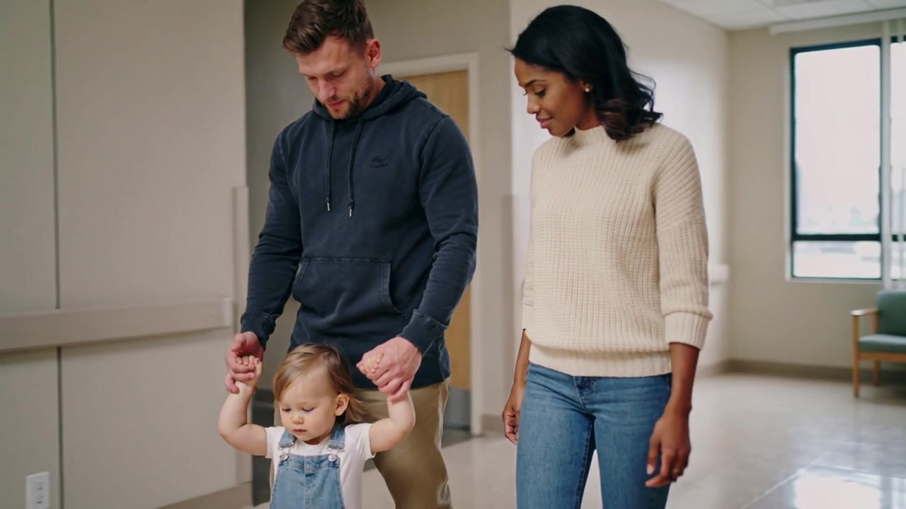 Família caminhando guiando uma criança pequena em direção à sala de espera na clínica, corrimão, macacão