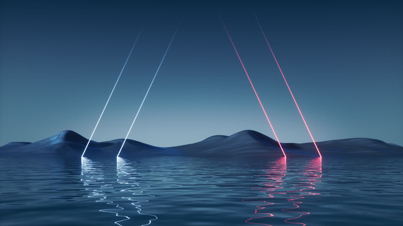 темное озеро с светящимися неоновыми линиями, 3d-рендеринг.