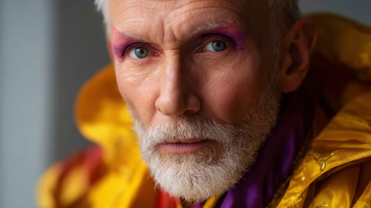 Ritratto intenso di un uomo anziano con trucco originale e abbigliamento vivace, che cattura profondità ed espressione attraverso colori audaci e dettagli intricati