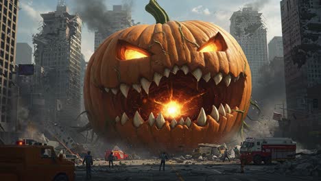 A Massive, Menacing Pumpkin Monster Erupts from the Ruins of a Dystopian City, Breathing Fire and Instilling Fear Amidst the Wreckage and Chaos