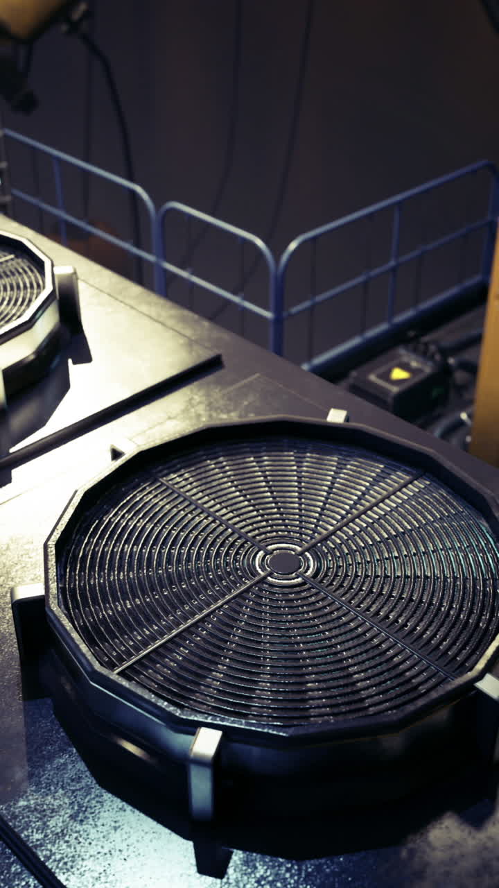 Details of futuristic technology in a dimly lit mechanical environment
