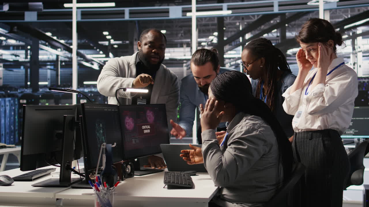 Vertical video Engineering team in data center panicking after receiving critical error popup