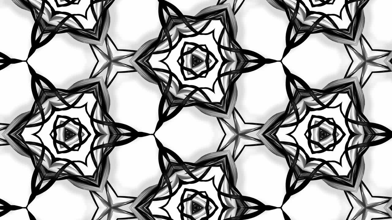 4k seamless looped animation of black and white pattern with ribbons are twisted and formed complex structures like symmetric ornament pattern or kaleidoscopic effect