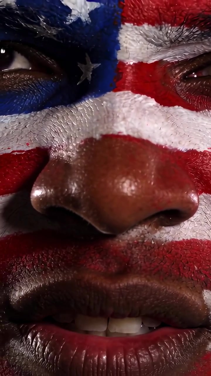 Vertikal video: Nærbillede af mand med amerikansk flag ansigtsmaling, der bevæger mund, øjenkast studieoptagelse