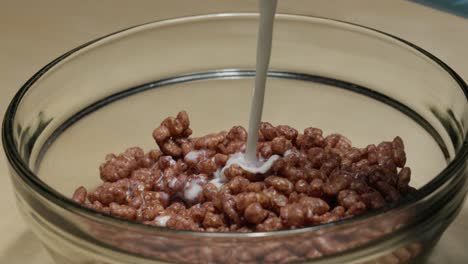 leche vertiendo en cereal de chocolate en un cuenco transparente, desayuno de primer plano