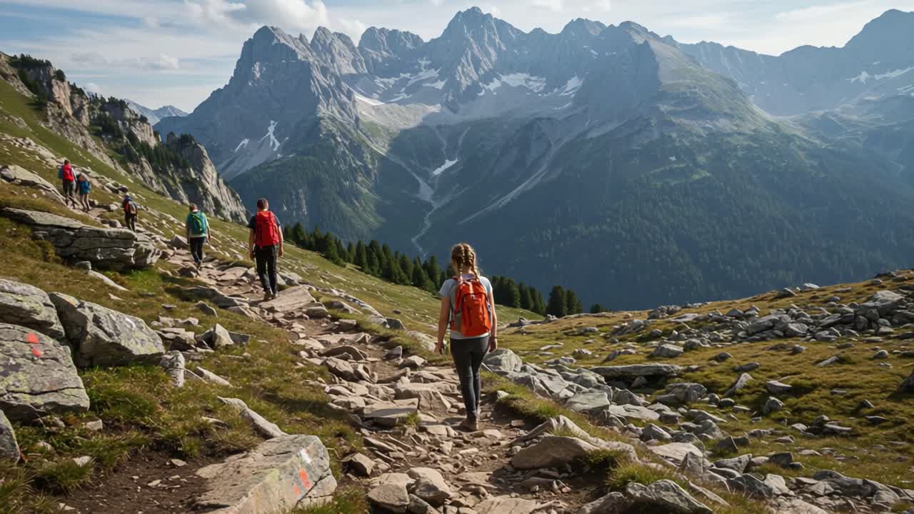 Adventurous Hikers Navigating Rugged Mountain Trails Amidst Breathtaking Scenery of Majestic Peaks and Lush Greenery, Embracing Nature's Splendor