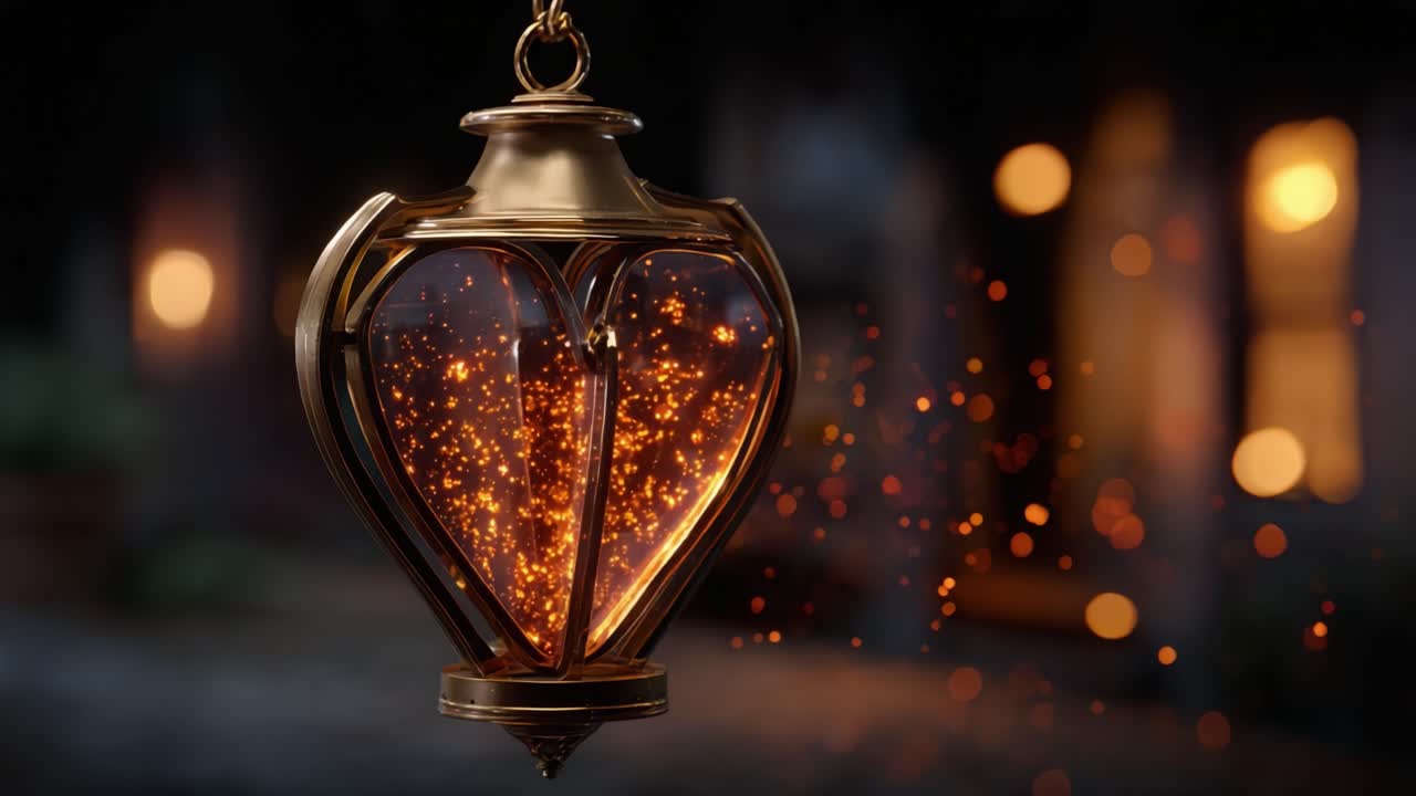 Una lanterna dalla forma curata a forma di cuore, che brilla di vivaci scintille arancioni, catturando un'atmosfera calda e magica in un ambiente con illuminazione soffusa