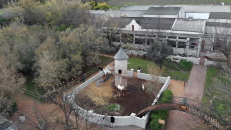 Rotating-Aerial-View-of-a-Goat-Enclosure-with-a-Large-Tower-at-a-Zoo-in-Africa