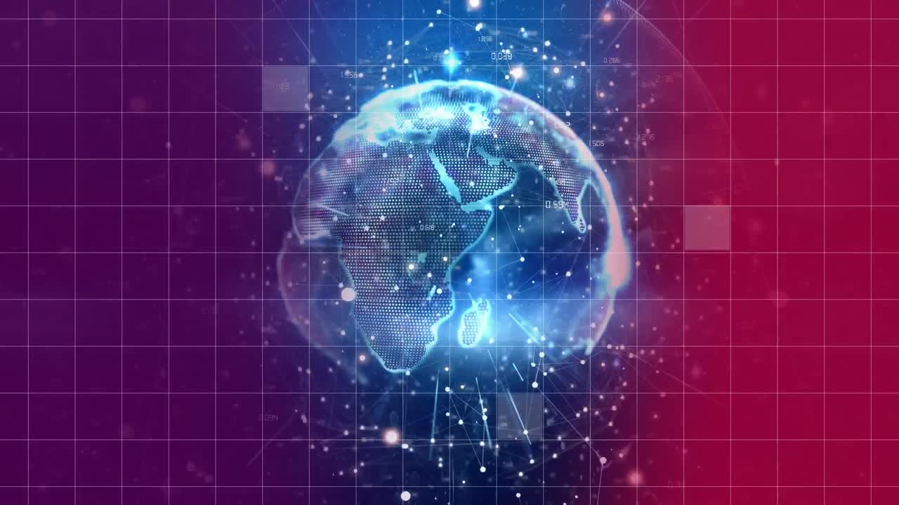 globo digital giratorio rodeado de efectos de luz contra el patrón gris