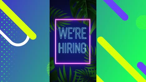 animation of we are hiring neon text over leaves