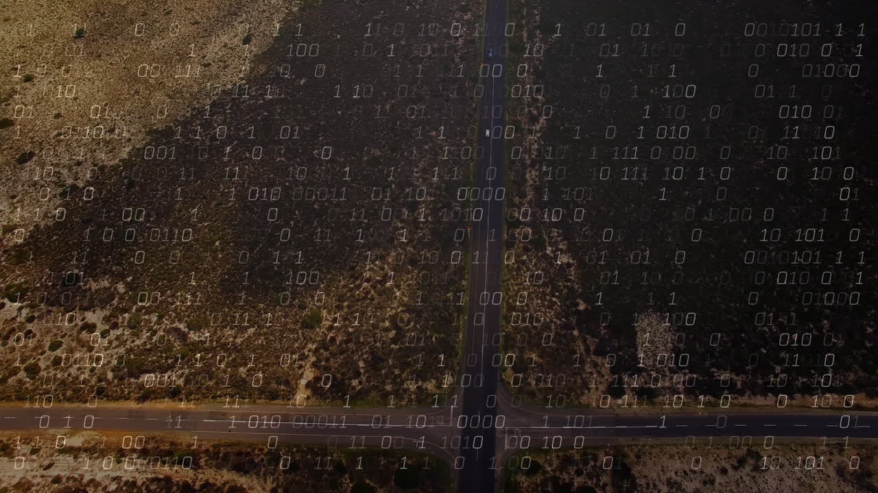 Binary code animation over aerial view of rural road and landscape