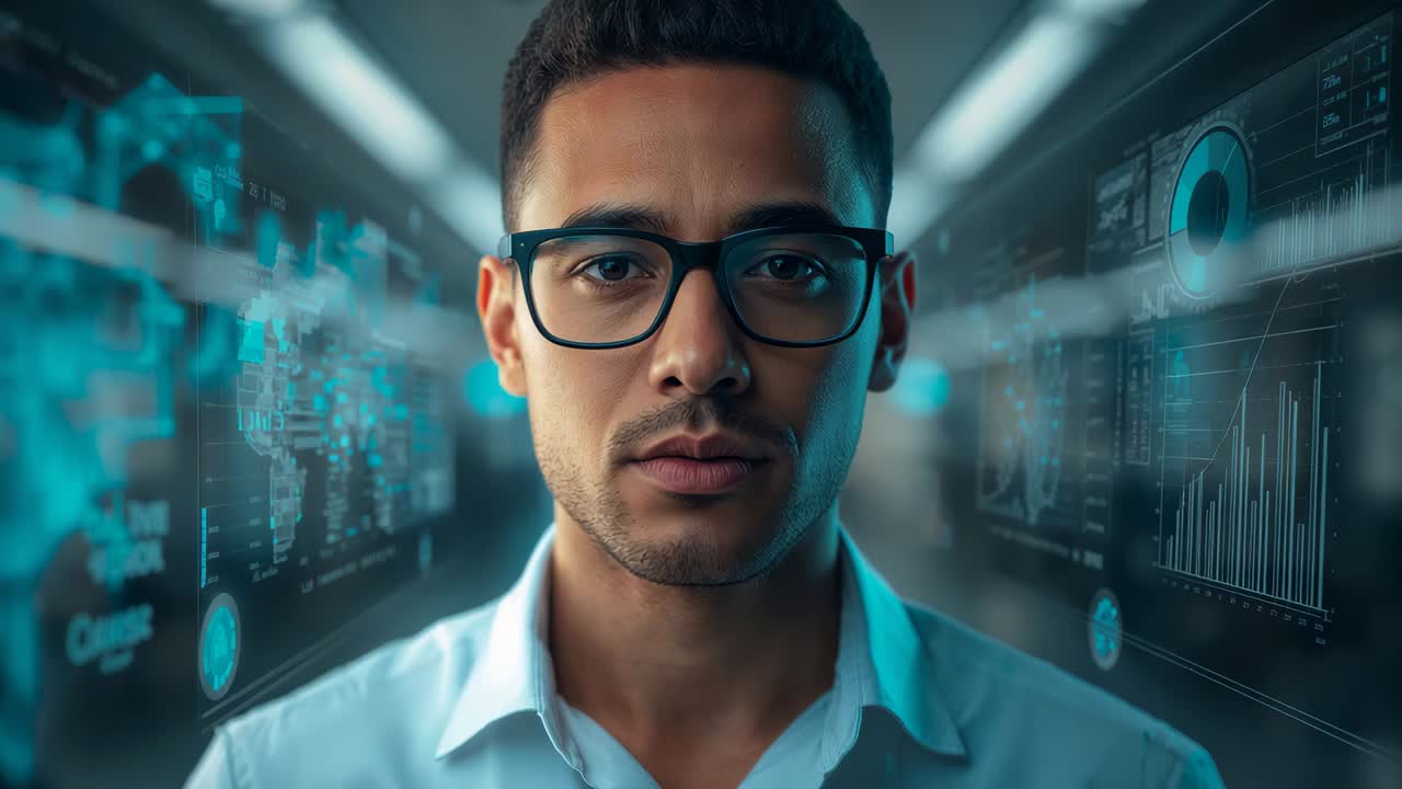 Reacting to live data, man with glasses and white shirt smiling in corridor with hologram panels