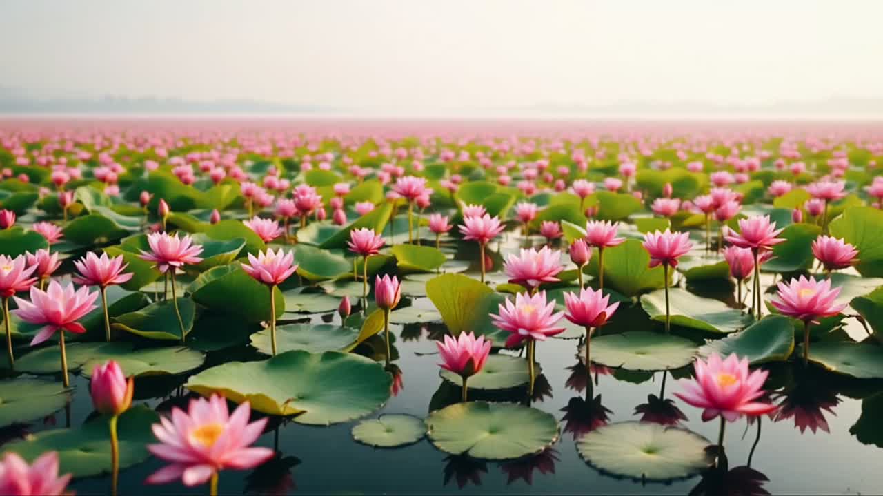 Pink Lotus Pond in Full Bloom