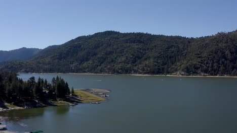 A-stunning-drone-shot-flying-over-Big-Bear-Lake-in-San-Bernardino-County,-California