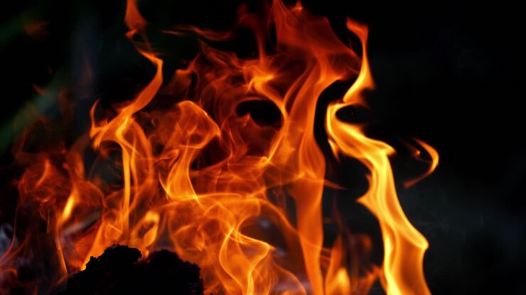 Primo piano di fuoco e fiamme. Fiamma ardente di un fuoco e braci in primo piano
