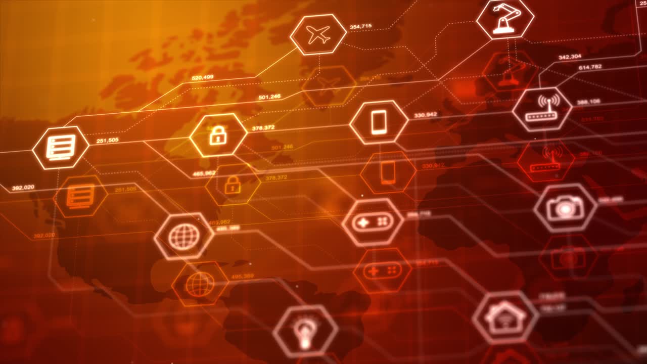 사물인터넷의 아이콘은 6각형 모양으로 연결 라인을 가지고 있으며, 사이버 미래의 네트워크와 혁신 개념을 위해 어두운 배경, 은 광장 깊이 효과, 어고 곡물 처리.