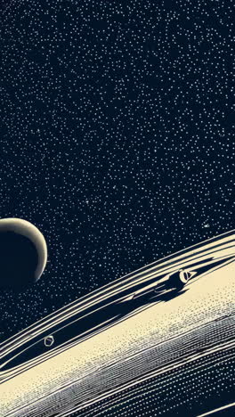 spaceship orbiting ringed planet with moon in starry sky