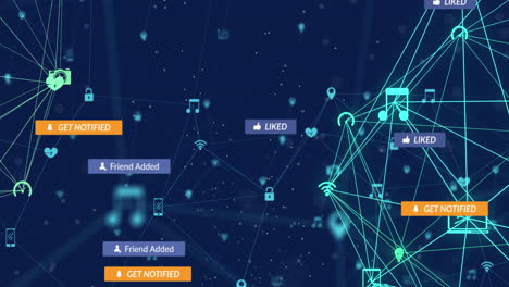 animation of social media text on banners with network of connections on blue background