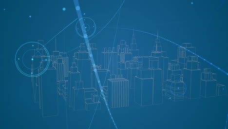 animation of network of connections over digital city on blue background