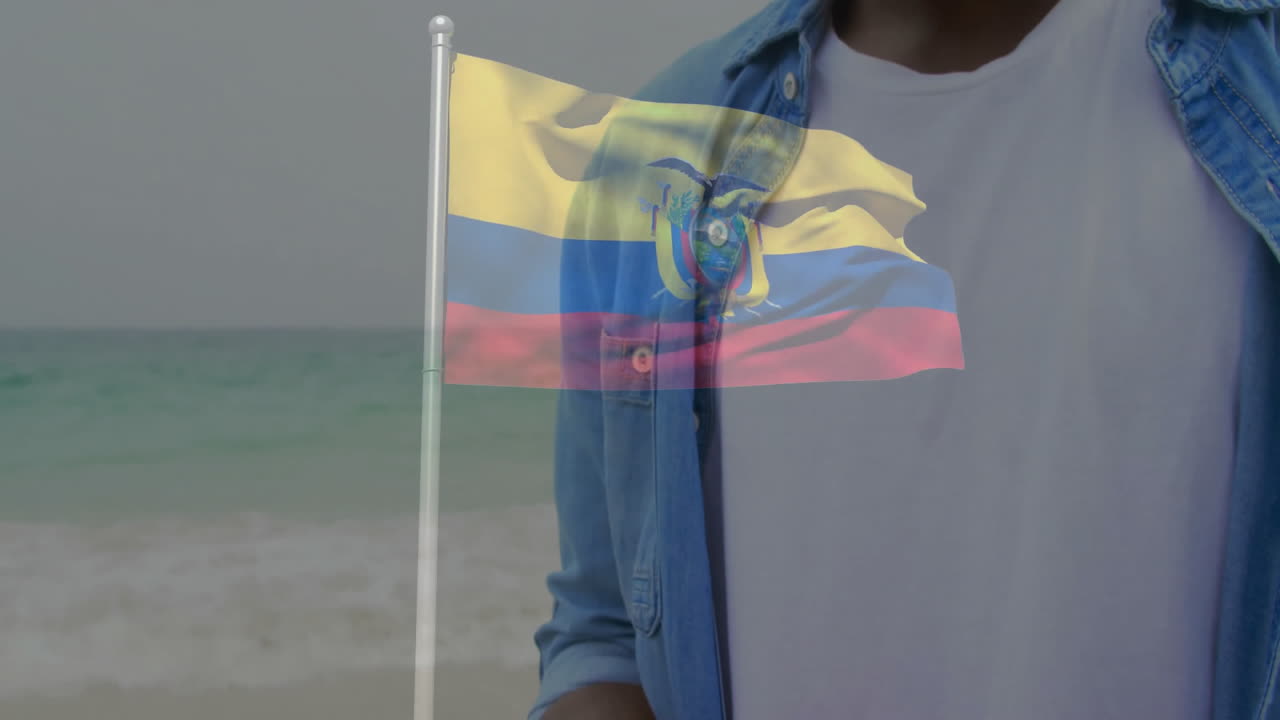 Waving Ecuadorian flag, person standing by ocean, smiling in animation scene