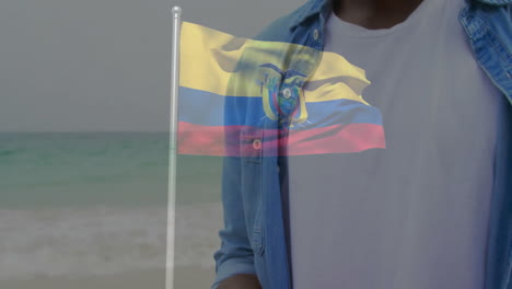waving ecuadorian flag, person standing by ocean, smiling in animation scene