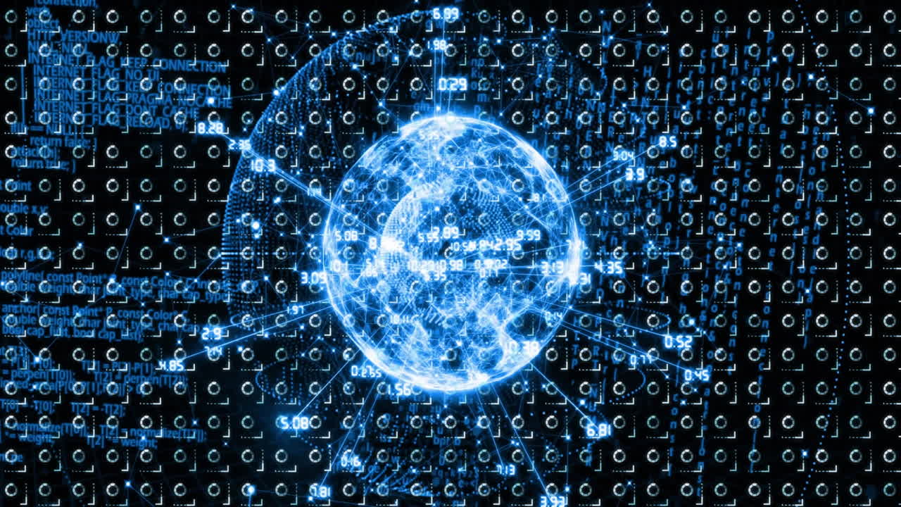 Animation of digital globe with binary code and data connections representing global network
