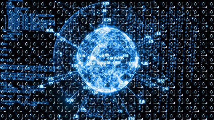 Animation of digital globe with binary code and data connections representing global network