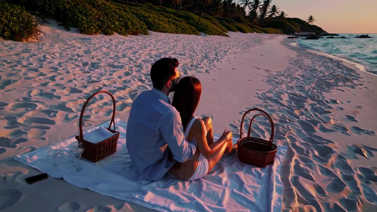 Stel geniet van een romantische picknick op een tropisch strand bij zonsondergang