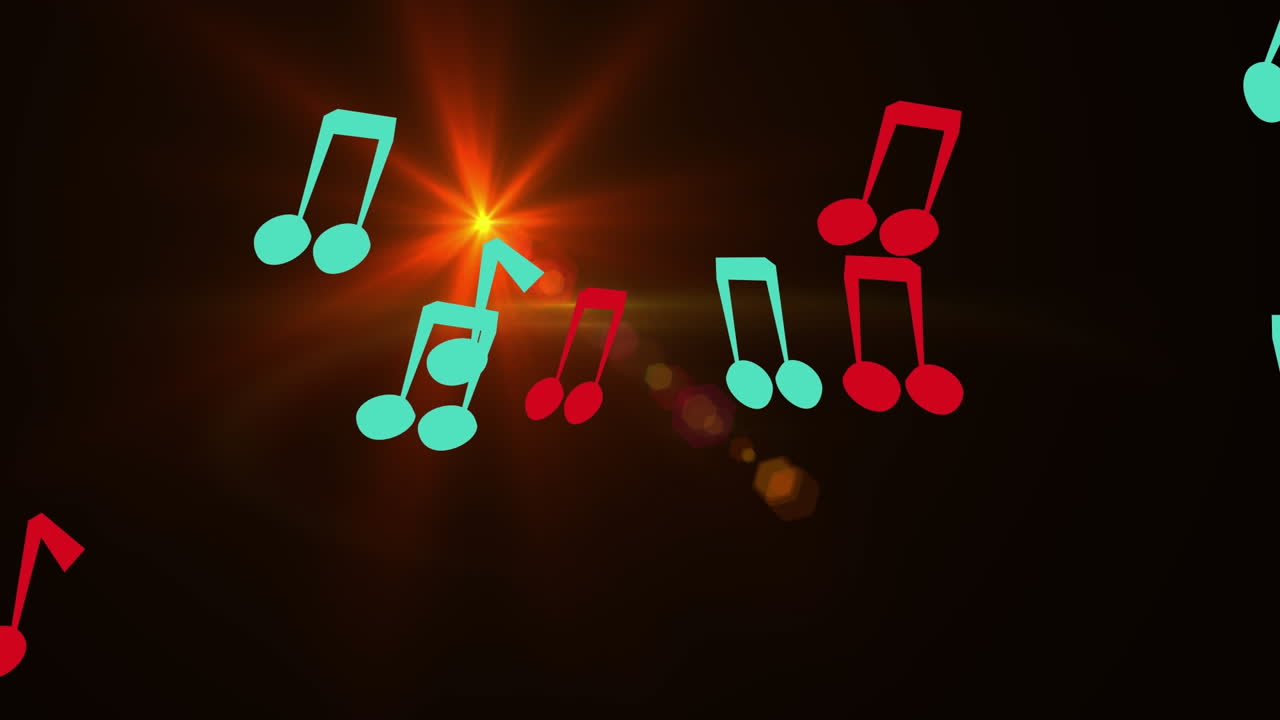 Animation of musical elements floating over red light spot against black background