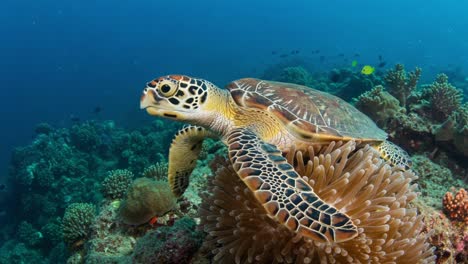a majestic sea turtle gracefully swims above vibrant coral reefs, showcasing its unique patterns and the enchanting underwater world full of color and marine life