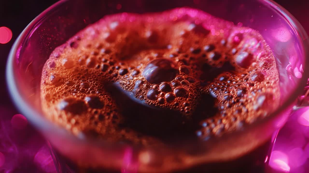 Primo piano di bevanda spumosa con illuminazione intensa, che mostra le bollicine e la consistenza in un bicchiere con uno sfondo colorato e luminoso