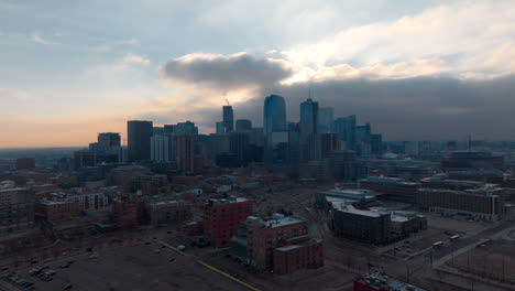 Aerial-view-of-Orbiting-Shot-of-Downtown-Denver-at-Sunrise