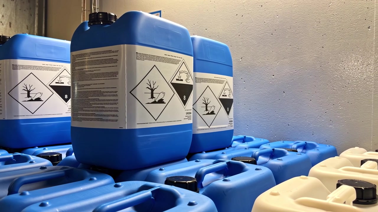 Etiquetas de advertencia de productos químicos en contenedores, precauciones de seguridad industrial