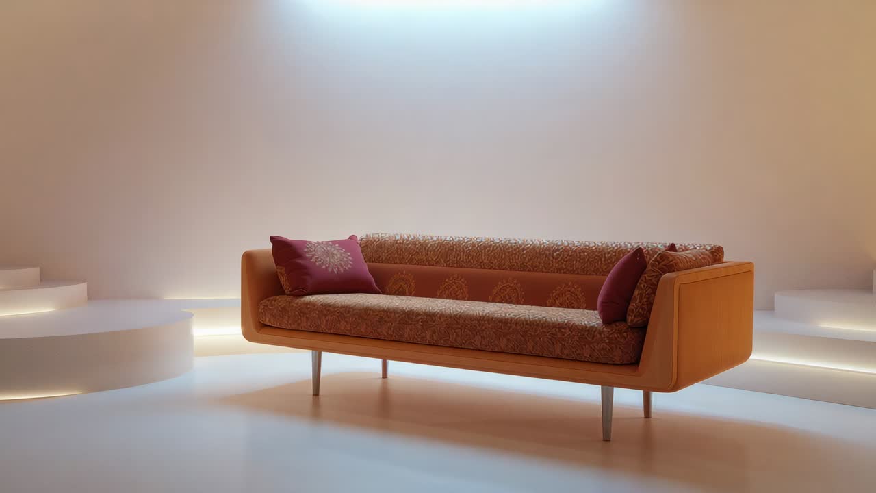 Sposta lentamente la telecamera riframing divano arancione di metà secolo per centrare nello studio con una leggera retroilluminazione