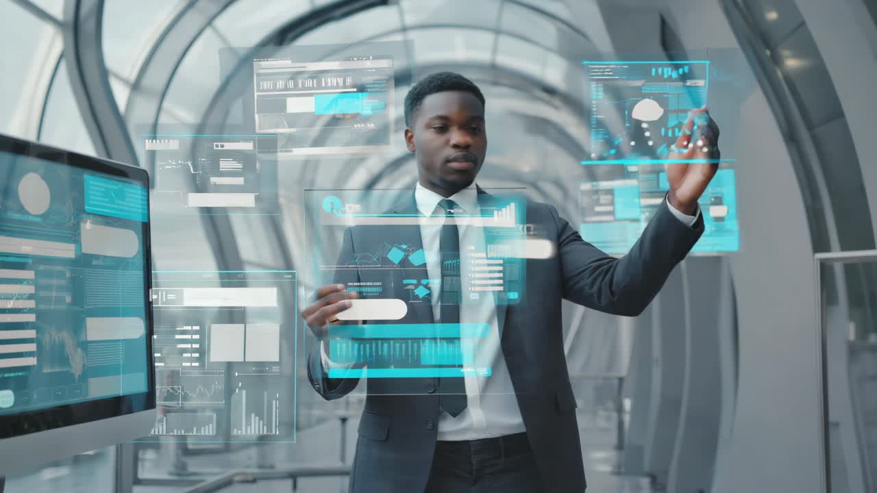 Professional Man Interacting with Futuristic Holographic Data Displays