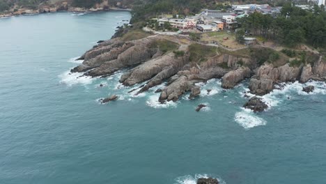 Tojinbo-Aerial-Coastline-View-of-Volcanic-Causeway