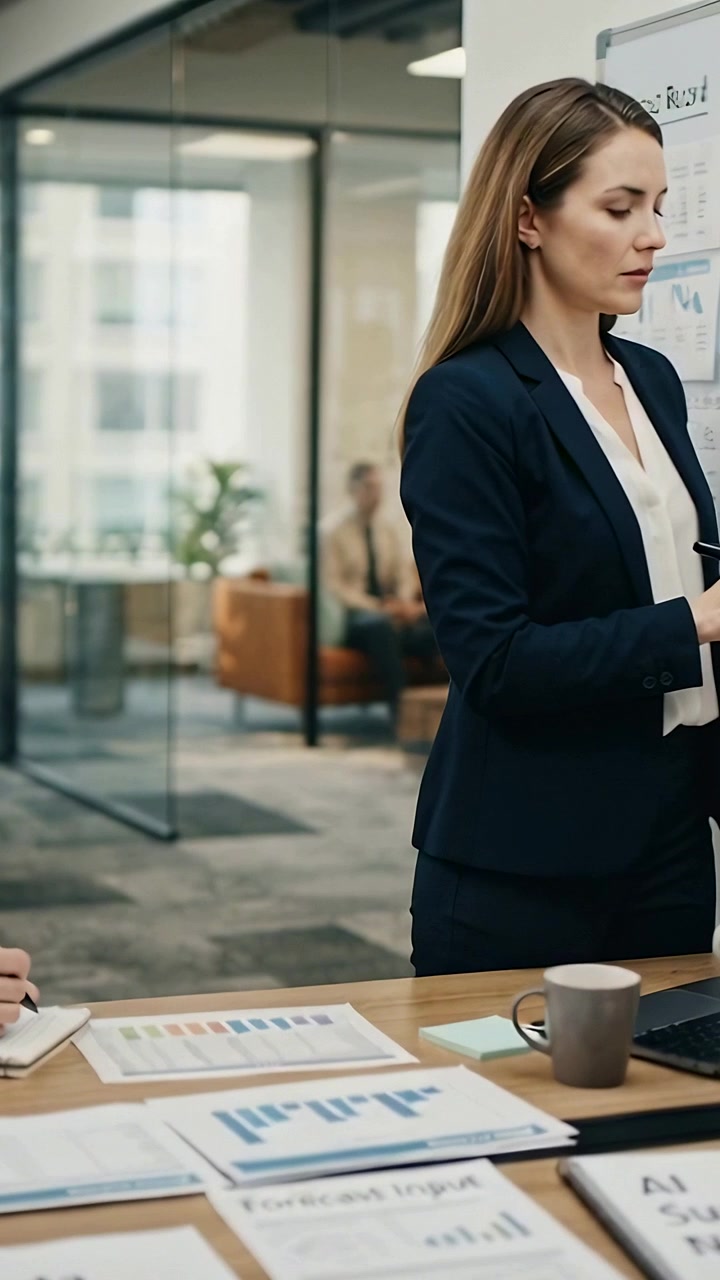 Video verticale: Donna dirigente in tailleur blu navy che scrive su una lavagna in ufficio mentre esamina grafici, con spazio per il testo