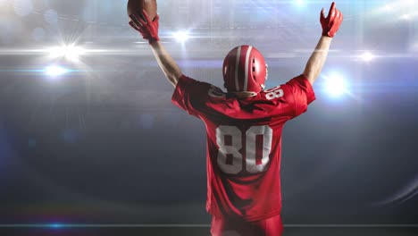 animation of rear view of american football player holding ball at floodlit stadium