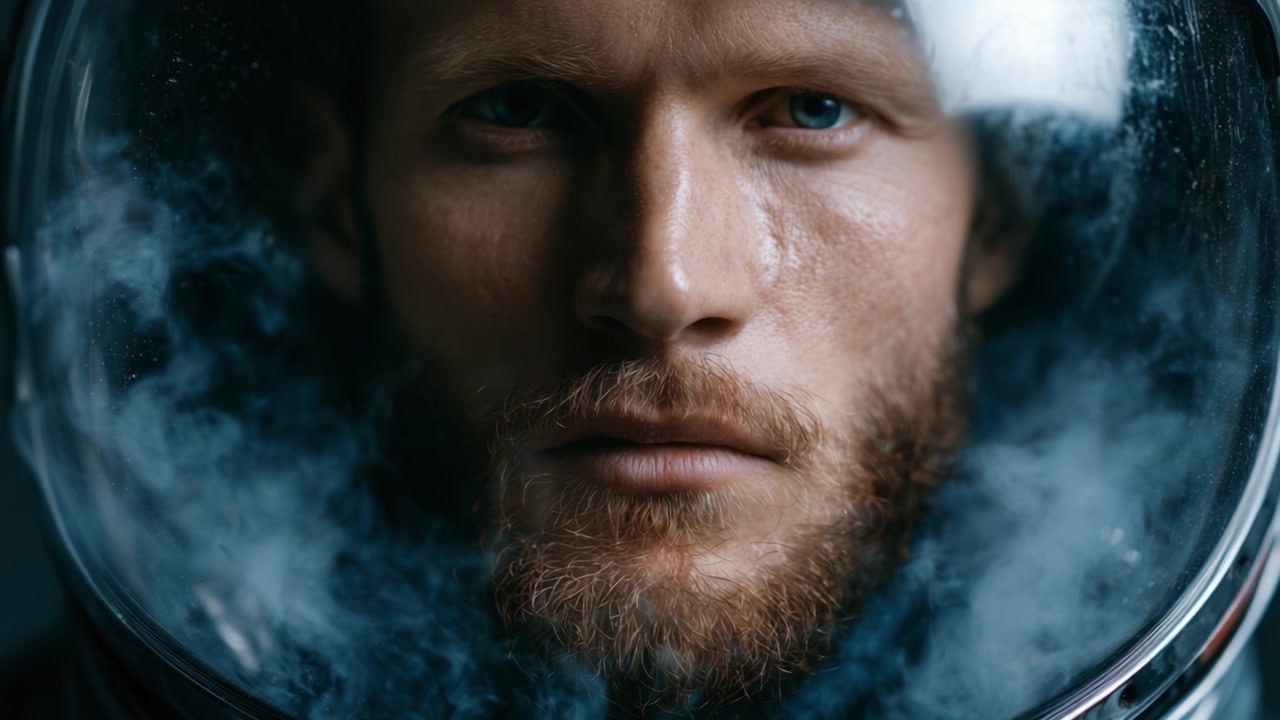 Eine Nahaufnahme eines Astronauten im Raumanzughelm, die einen intensiven Ausdruck inmitten eines mysteriösen Nebels um sein Gesicht einfängt.