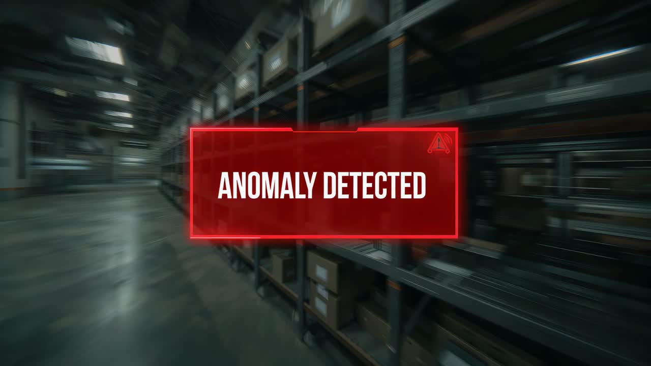Detecting anomaly, red alert rectangle persisting over racks and boxes, camera shifting right