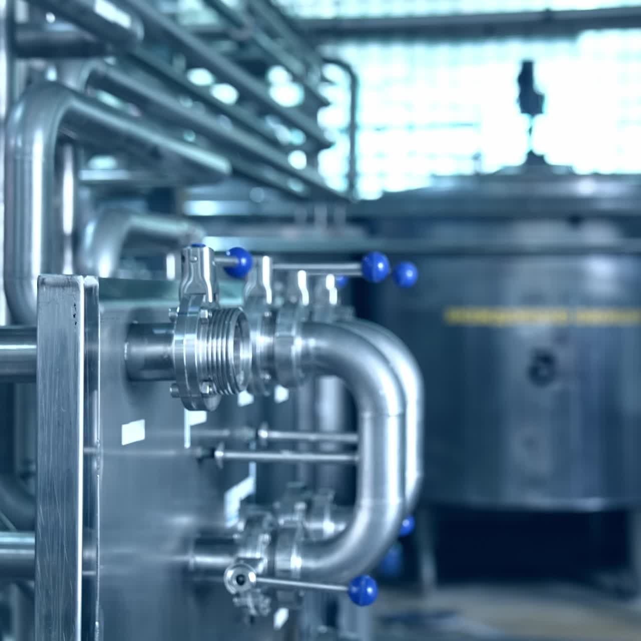 Pipes and levers at the diary plant. Complicated pipeline system in the factory. Huge steel tank in blur at the background