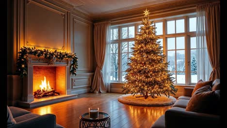 christmas decorated living room with fireplace and christmas tree