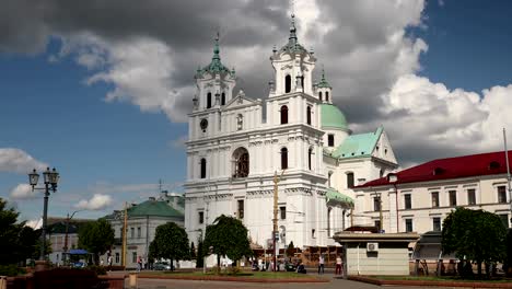 grodno, belarus. famous landmark is st. francis xavier cathedral at sunny summer day. zoom, zoom in