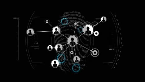 Animation-of-network-of-connections-with-icons-on-black-background