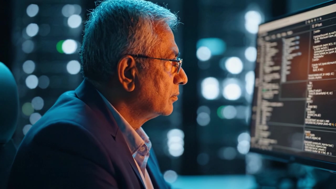 Focused Programmer Analyzing Code on Computer Screen in Dimly Lit Room, Surrounded by Server Racks, Highlighting Determination and Technology Work Culture